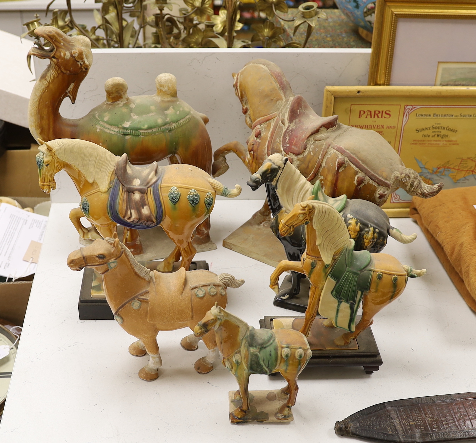 A group of Tang style Chinese Sancai glazed horse and cannon figures (later reproductions) tallest 44cm